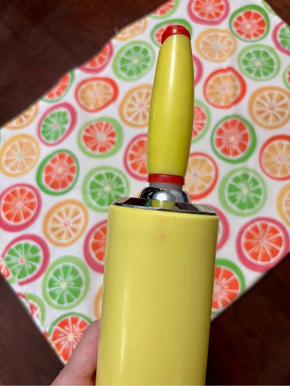 VTG 1950’s Yellow Melamine Rolling Pin with Red and Chrome Detailing MCM kitchen